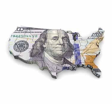 Map of the United States of America made out of a one hundred dollar bill