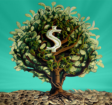 A tree with a dollar sign in the leaves with several leave son the ground