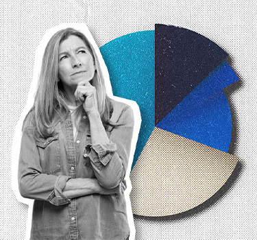 woman thinking about retirement with a pie chart behind her