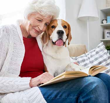 Lovely Grandmother reading with her hound dog