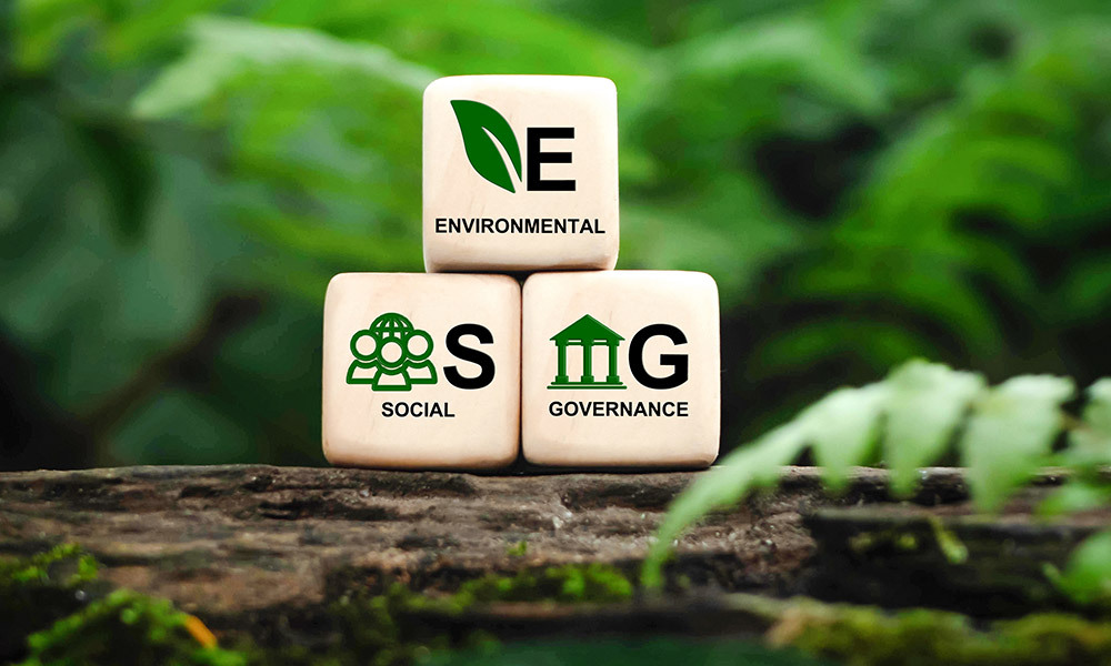 three wooden blocks each representing Environmental, Social, and Governance