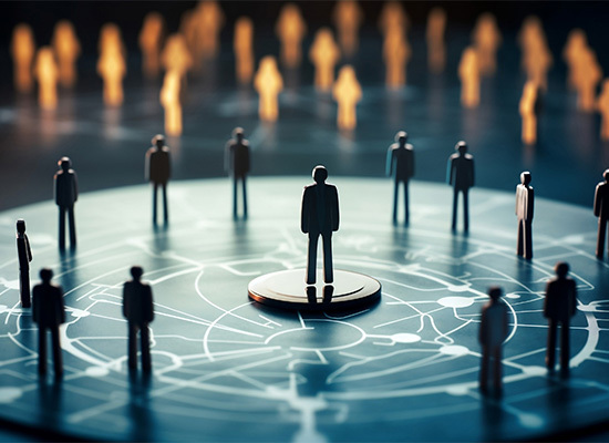 people figurines forming a circle around one person insuating a meeting