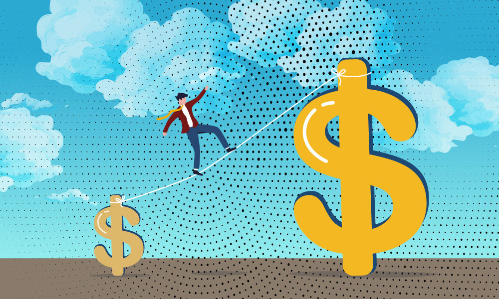 person walking a tight rope between two dollar signs