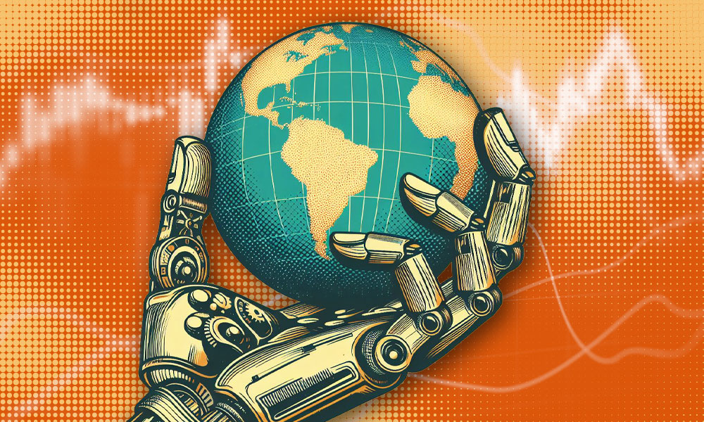 Illustration of a robotic hand holding a globe, with a focus on africa and europe, set against an orange halftone background.