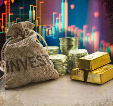 A burlap sack labeled 'INVEST' with gold bars and coins on a backdrop of a stock market graph.
