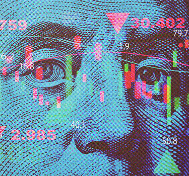 Close-up of a digitally altered face overlaid with vibrant, colorful stock market statistics and geometric shapes, emphasizing a theme of technology and data analysis
