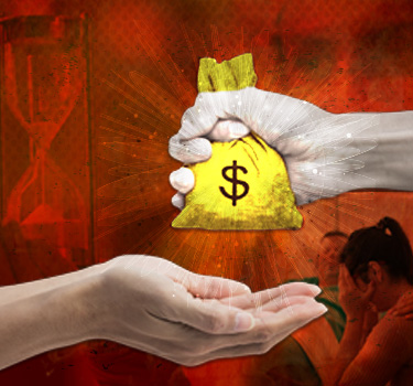  An evocative image showing hands exchanging a money bag over a distressed background with a silhouette of a grieving woman and a sand hourglass, symbolizing the emotional and temporal aspects of viatical settlements.