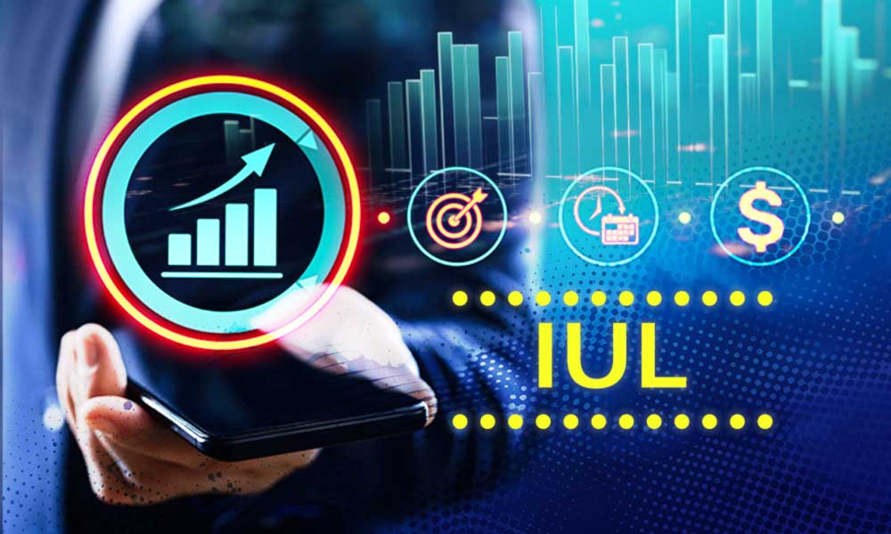 A hand holding a smartphone with digital graphics of upward trend graphs, target icons, and currency symbols alongside the acronym 'IUL' on a futuristic blue background.