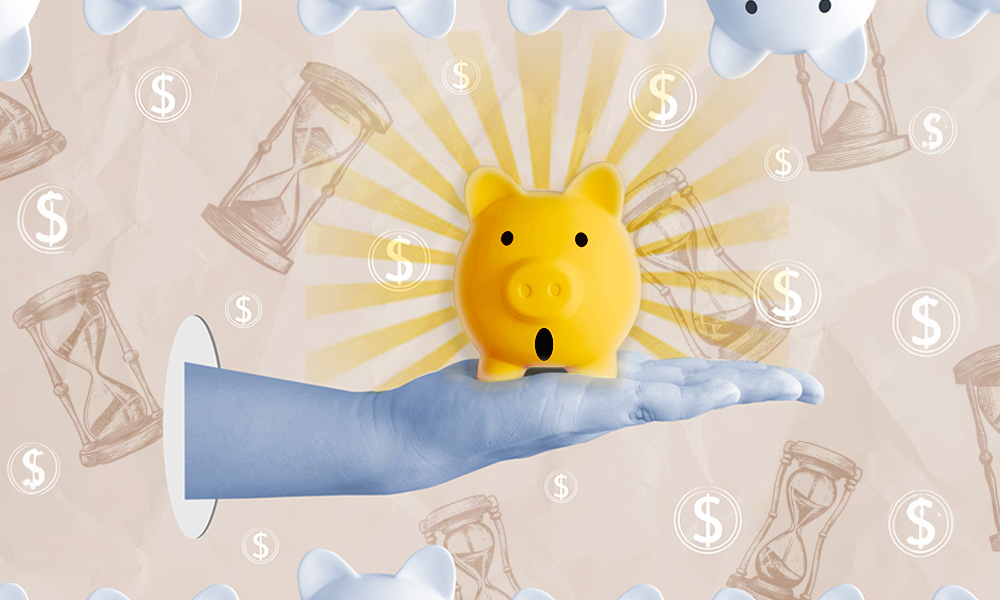 A hand holds a yellow piggy bank with a surprised expression, surrounded by dollar signs and hourglasses, symbolizing apprehensiveness about retirement readiness.