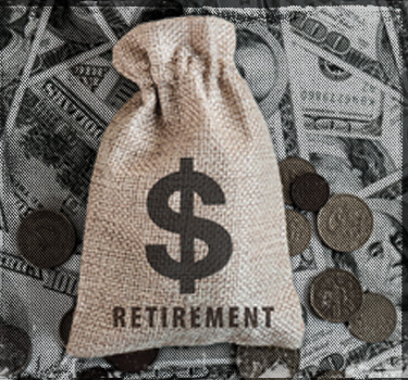 The image depicts a burlap sack with a dollar sign on it, labeled 'Retirement', surrounded by U.S. dollar bills and coins