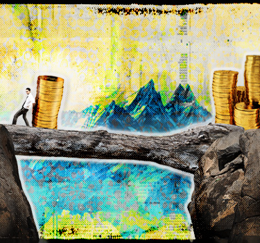 A businessman pushes a large stack of gold coins across a precarious log bridge spanning a chasm, with mountains and more coin stacks in the background, symbolizing the risks of IRA rollover mistakes threatening retirement savings.