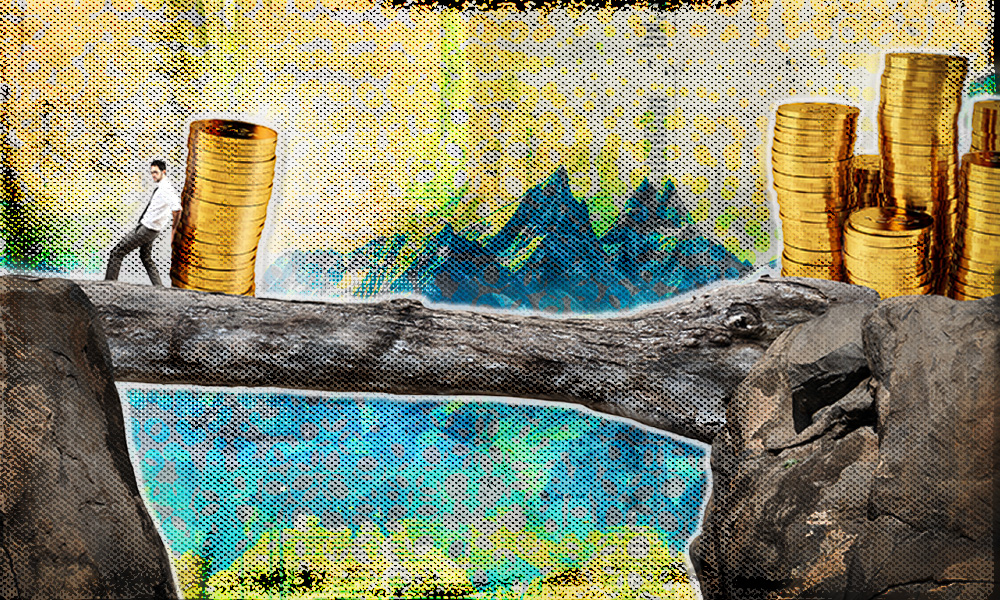 A businessman pushes a large stack of gold coins across a precarious log bridge spanning a chasm, with mountains and more coin stacks in the background, symbolizing the risks of IRA rollover mistakes threatening retirement savings.