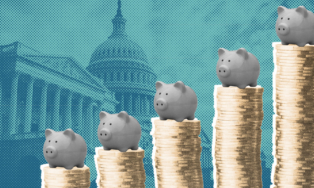 Five stacks of coins, each topped with a piggy bank, stand in ascending order against a teal background featuring silhouettes of government buildings