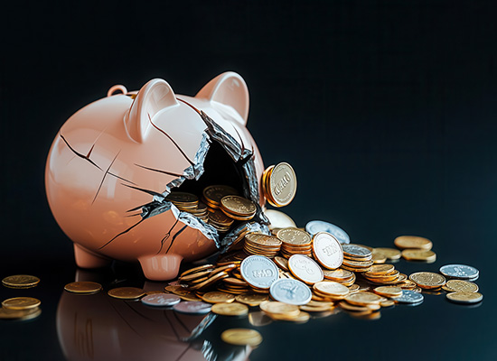 A shattered piggy bank with coins spilling out illustrates the financial shock older Americans face when economic security is disrupted.