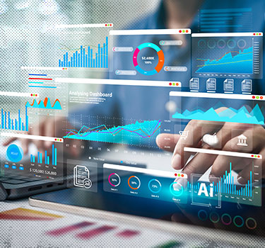 A person using a laptop with futuristic financial dashboards and data analytics