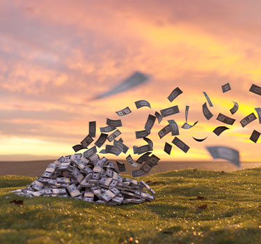 a pile of retirement funds being blown away in the wind to symbolize inflation