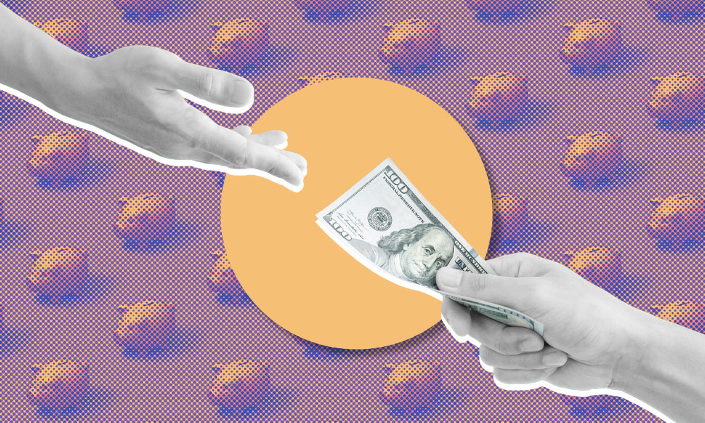 Collage of two hands: one extends to receive a $100 bill from the other, symbolizing retirement planning.