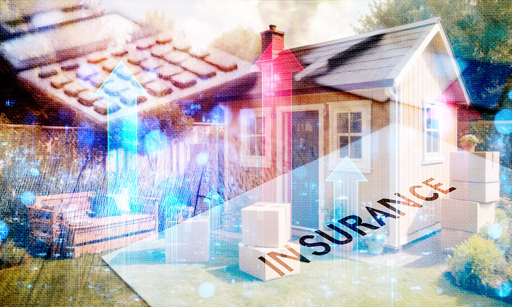 Illustration depicting retirement housing challenges with rising homeowners insurance costs, downsizing, and budget planning