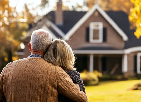 Senior couple embracing while considering retirement housing options