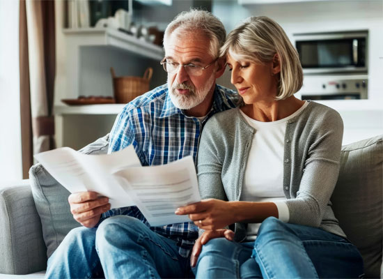 Retired couple reviewing documents at home