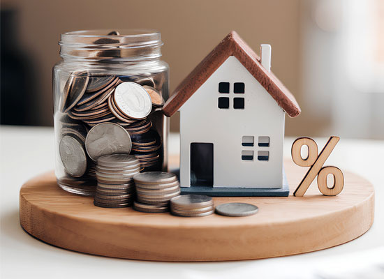 Jar of coins next to a model house and percentage symbol