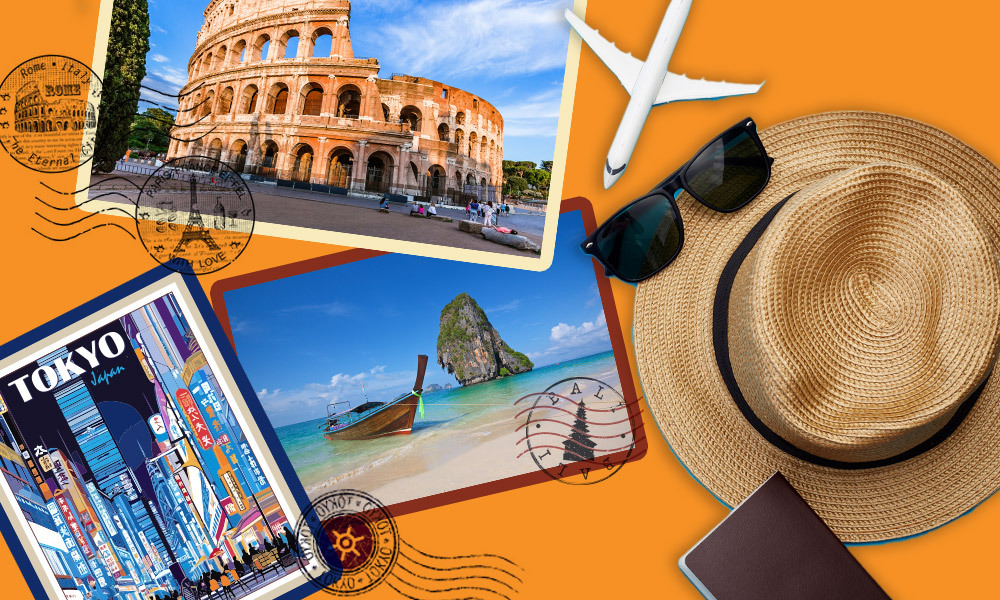 postcards with trave stamps, sunglass, passport and hat