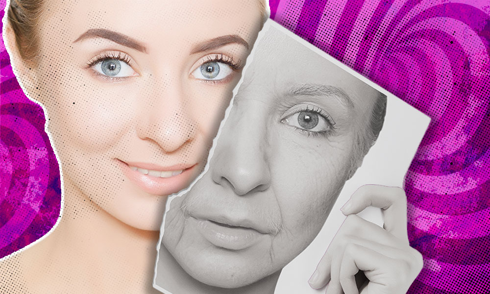 A split-image featuring a young woman with a fresh face on one side and an older woman with wrinkles on the other.