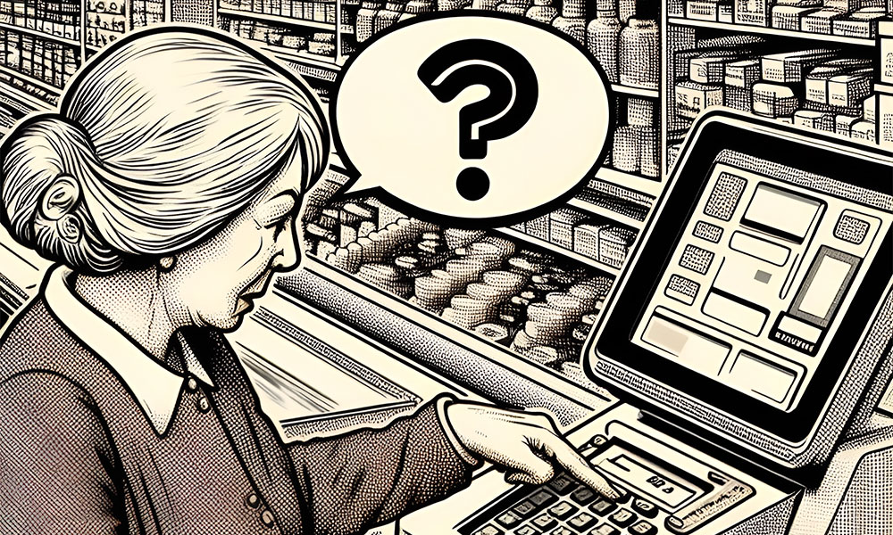 A black-and-white illustration of an older woman using a computer in a library with vast shelves of books, depicted with a question mark in a speech bubble above her head.