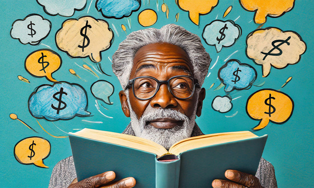 An elderly black man with gray hair and beard reading a book, surrounded by illustrated thought bubbles containing dollar signs, on a teal background.