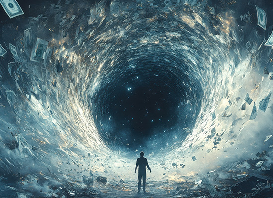 A lone figure stands before a swirling financial vortex of money and documents
