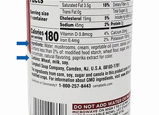 an example of a nutrition label with arrows pointing at the ingredients and what it contains