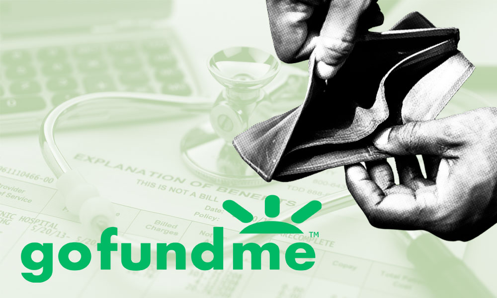 an empty wallet being held over medical bills and a stethoscope, with a gofundme logo