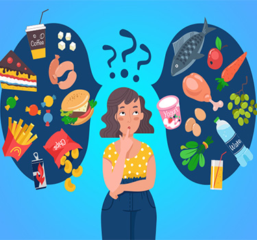 Animated woman contemplating between healthy and unhealthy diets