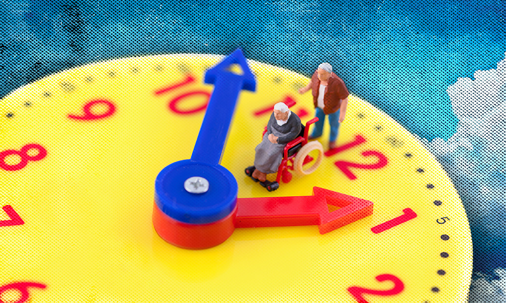 Miniature elderly figures on a clock face symbolize the significant amount of time older adults spend on health care management.