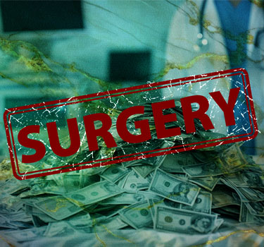 A pile of money with a 'SURGERY' stamp illustrates the high health care costs and complex medical billing practices associated with minor medical procedures, surgical charges, CPT codes, and physician reimbursement.