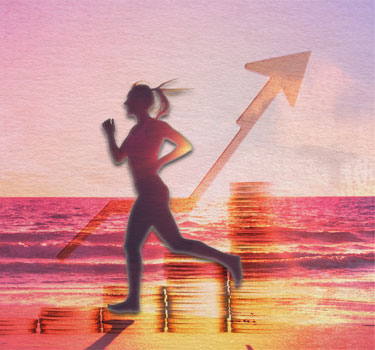 Silhouette of a woman jogging by the beach with rising coins and an arrow, symbolizing retirement fitness plans
