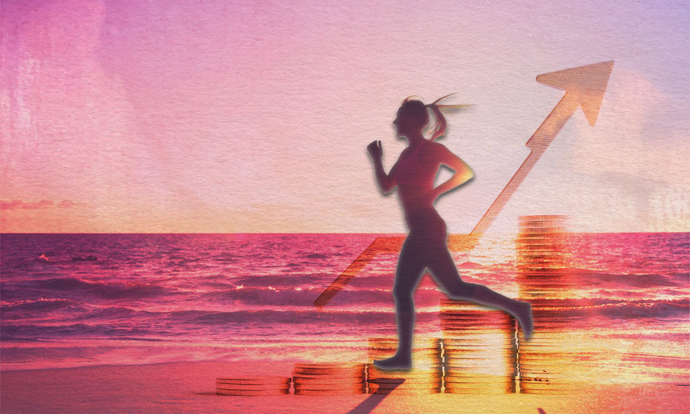 Silhouette of a woman jogging by the beach with rising coins and an arrow, symbolizing retirement fitness plans