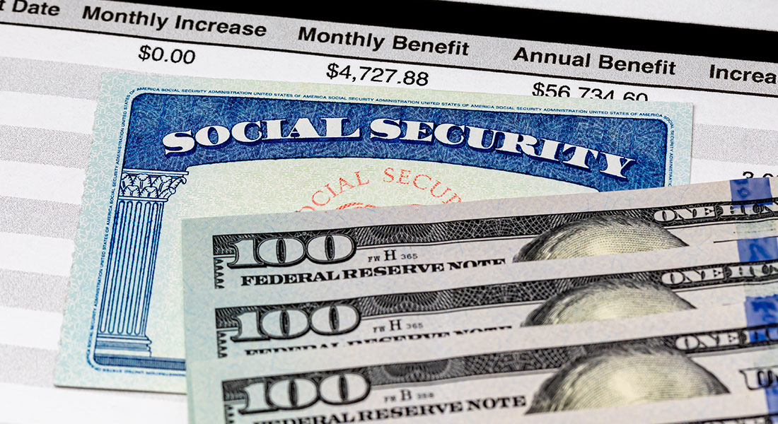 A photo of a social security card and three one-hundred dollar bills ontop of a budget sheet