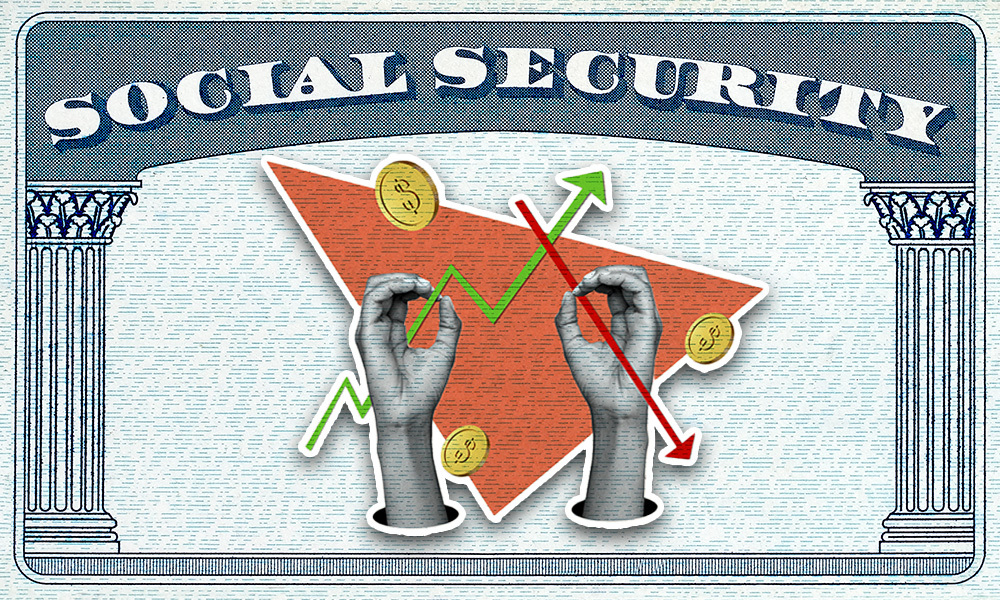 A Social Security card with graphs showing growth and then decline
