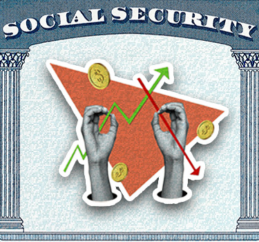 A Social Security card with graphs showing growth and then decline