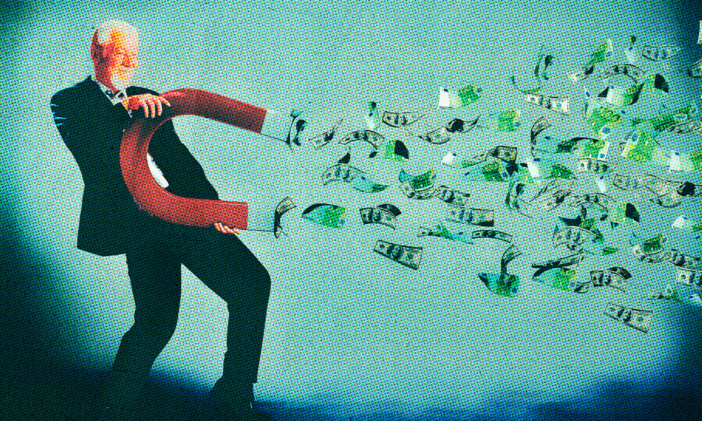 A businessman uses a large red magnet to attract a stream of money, depicted in various currencies, against a textured blue background.