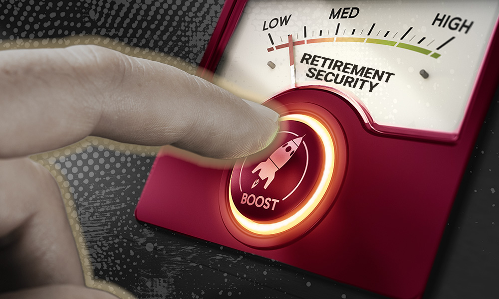 A hand presses a red 'Boost' button, raising a retirement security gauge from low to high.