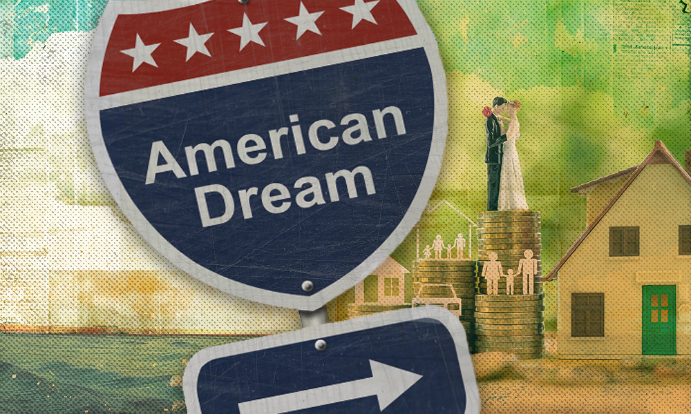 A road sign for the 'American Dream' paired with a wedding couple, a house, and stacks of coins