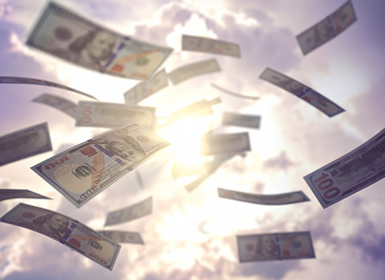  U.S. $100 bills floating through a sunlit sky, representing the pursuit of the American Dream and financial freedom.