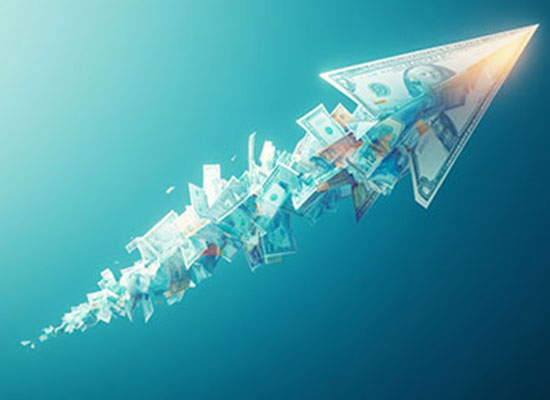 A paper airplane made of dollar bills soaring upward, representing IRA contribution limits, Roth 401(k) growth, and supersize catch-up contributions.