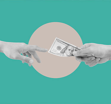 A graphic of a hand transferring money to another hand.