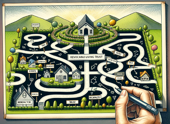 A detailed illustration of a hand drawing a labyrinthine map labeled 'Revocable Living Trust' with various estate planning elements such as property, incapacity, and taxes, set in a countryside scene.