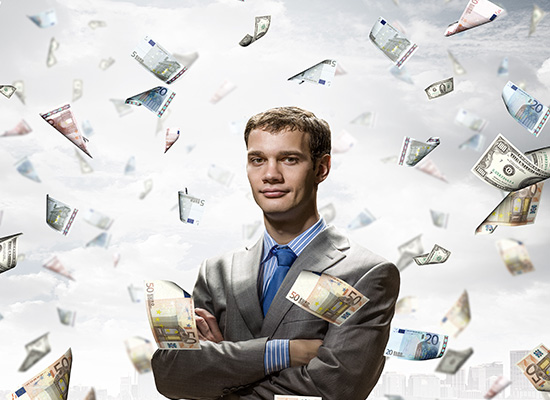 A confident young man in a business suit stands with arms crossed amid a whirlwind of various currencies, symbolizing wealth and financial success.