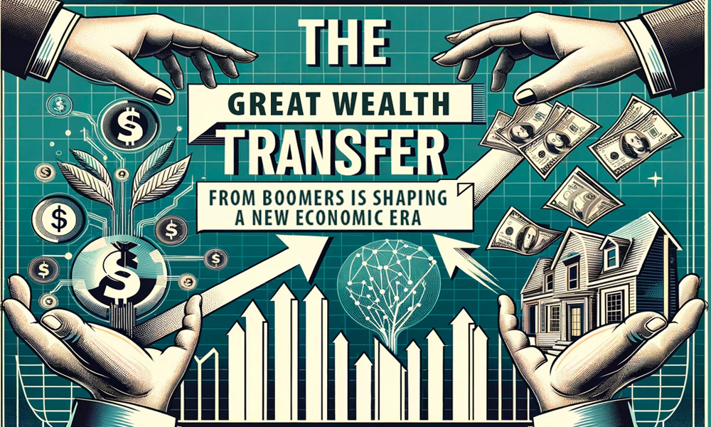 A stylized graphic illustration depicting the Great Wealth Transfer, featuring hands passing money and nurturing economic growth with plants, money symbols, and a house, all set against a backdrop of financial charts and graphs.