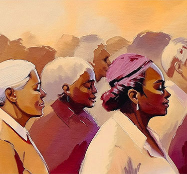 A painting depicts a diverse group of baby boomers standing in close formation, facing to the right. The figures have varying skin tones and hair colors, styled mostly in buns. The background is a blend of warm hues, suggesting a sunrise or sunset, symbolizing the peak 65 retirement surge.